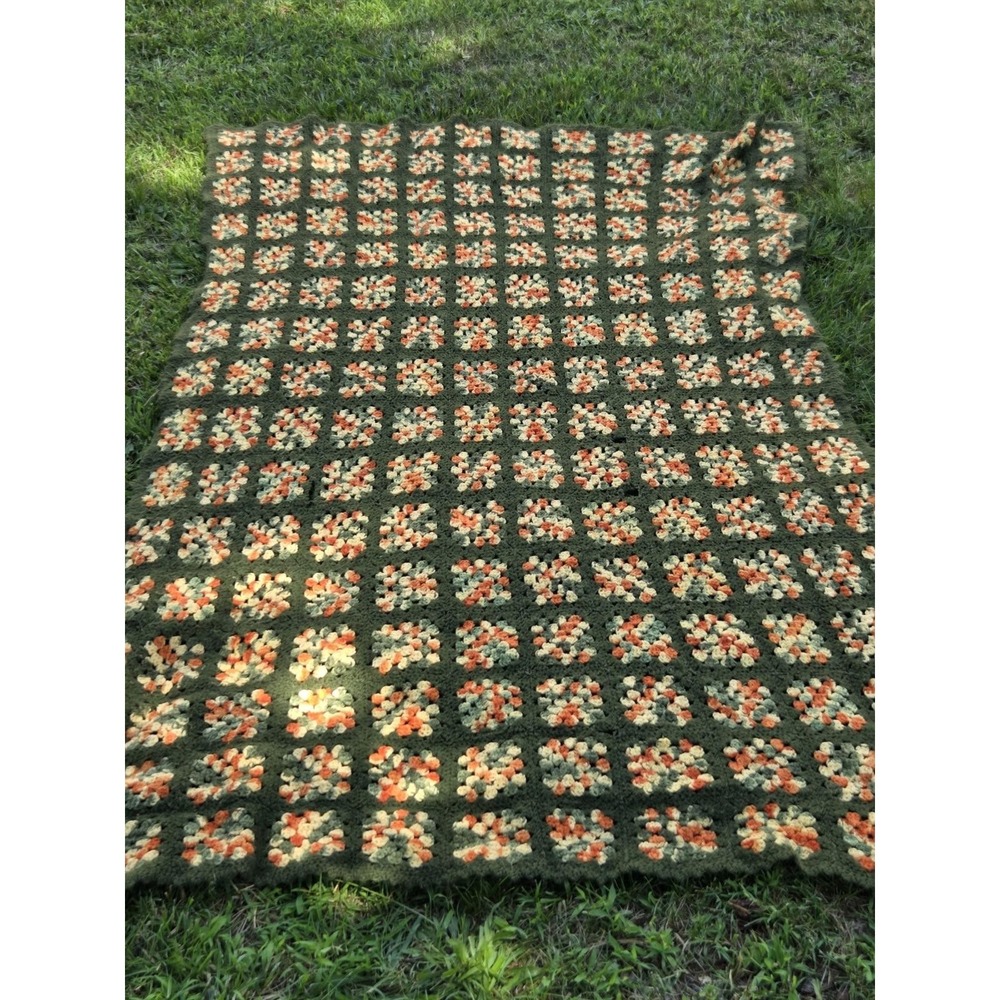 Vintage Crochet Knit Afghan Throw Blanket Granny Squares Green Orange 77"x55"